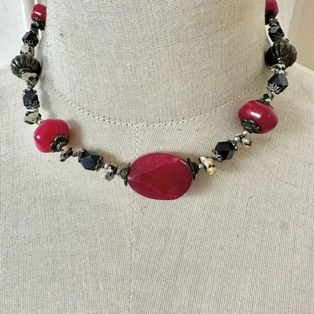 Boho Dalmatian Jasper & red Beaded Necklace